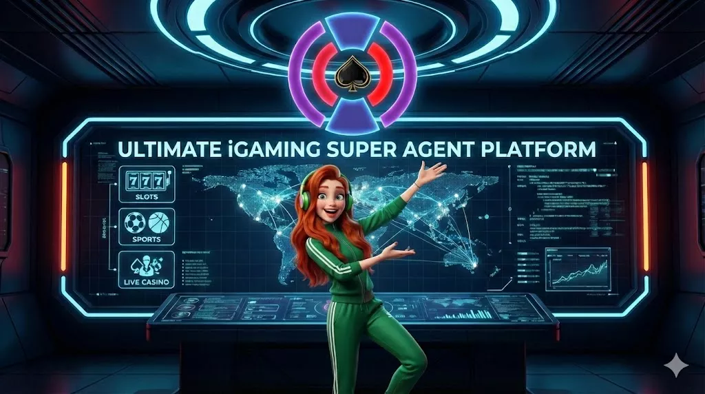 AIDsAgent AI super-agent — neon iGaming platform character with holographic dashboards